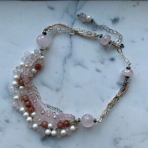 Freshwater pearl, rose quartz, sunstone and silver necklace 20”